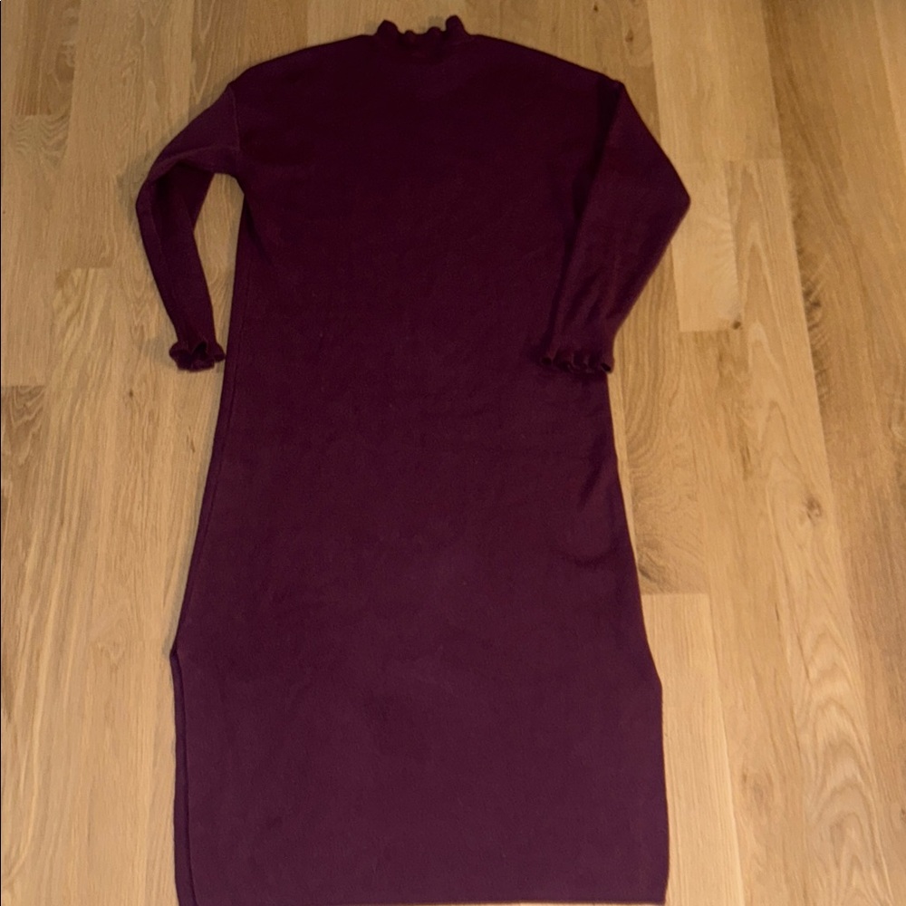 LOFT Plum Ribbed Midi Dress with Ruffle Neck - Picture 4 of 4
